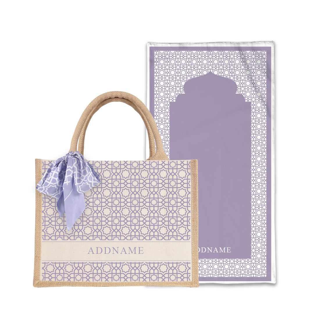 Annas Series - Pastel Purple Prayer Mat with Natural Half Lining Small Jute Bag