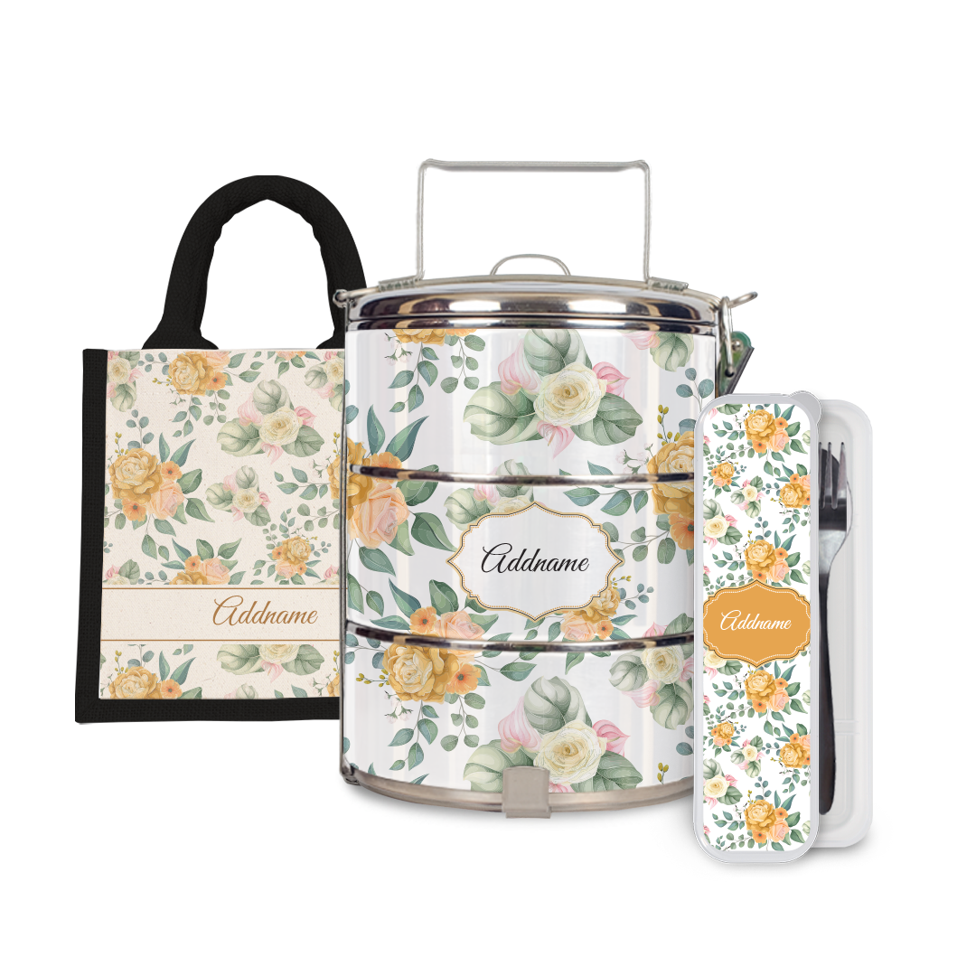 Laura Series - Honey Half Lining Lunch Bag, Tiffin Carrier and Cutlery Set