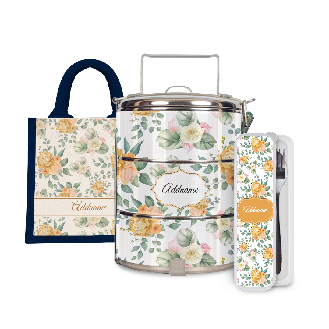 Laura Series - Honey Half Lining Lunch Bag, Tiffin Carrier and Cutlery Set