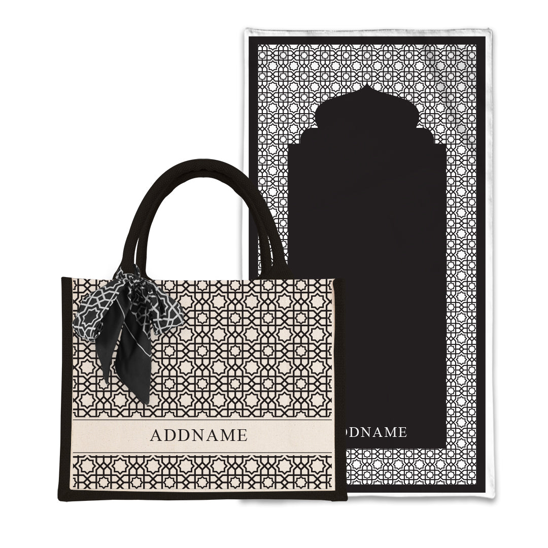 Annas Series - Black Prayer Mat with Black Half Lining Small Canvas Bag