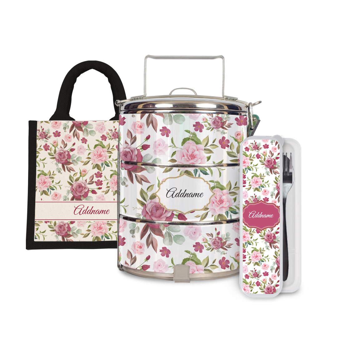 Laura Series - Ruby Half Lining Lunch Bag, Tiffin Carrier and Cutlery Set