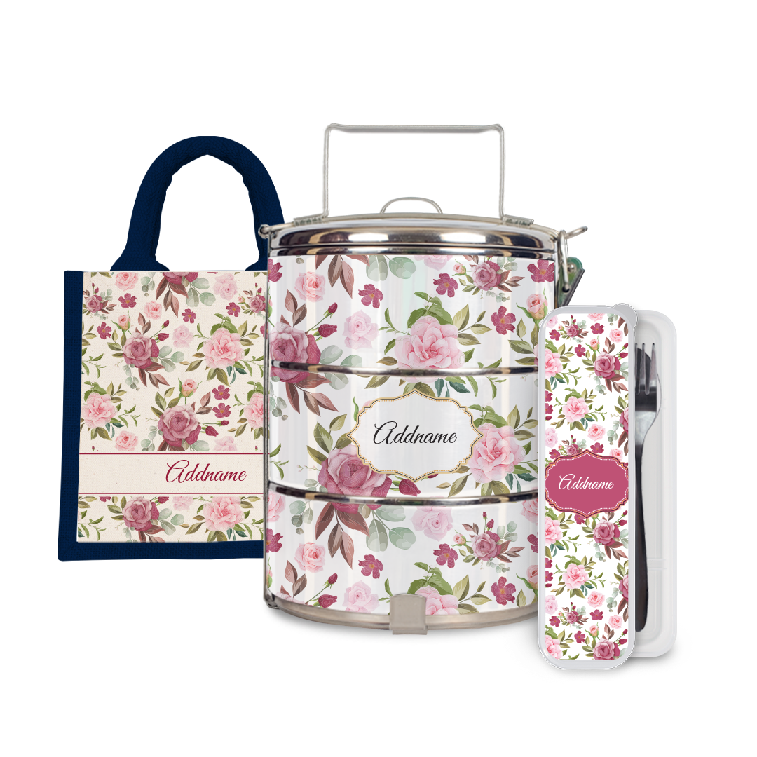 Laura Series - Ruby Half Lining Lunch Bag, Tiffin Carrier and Cutlery Set