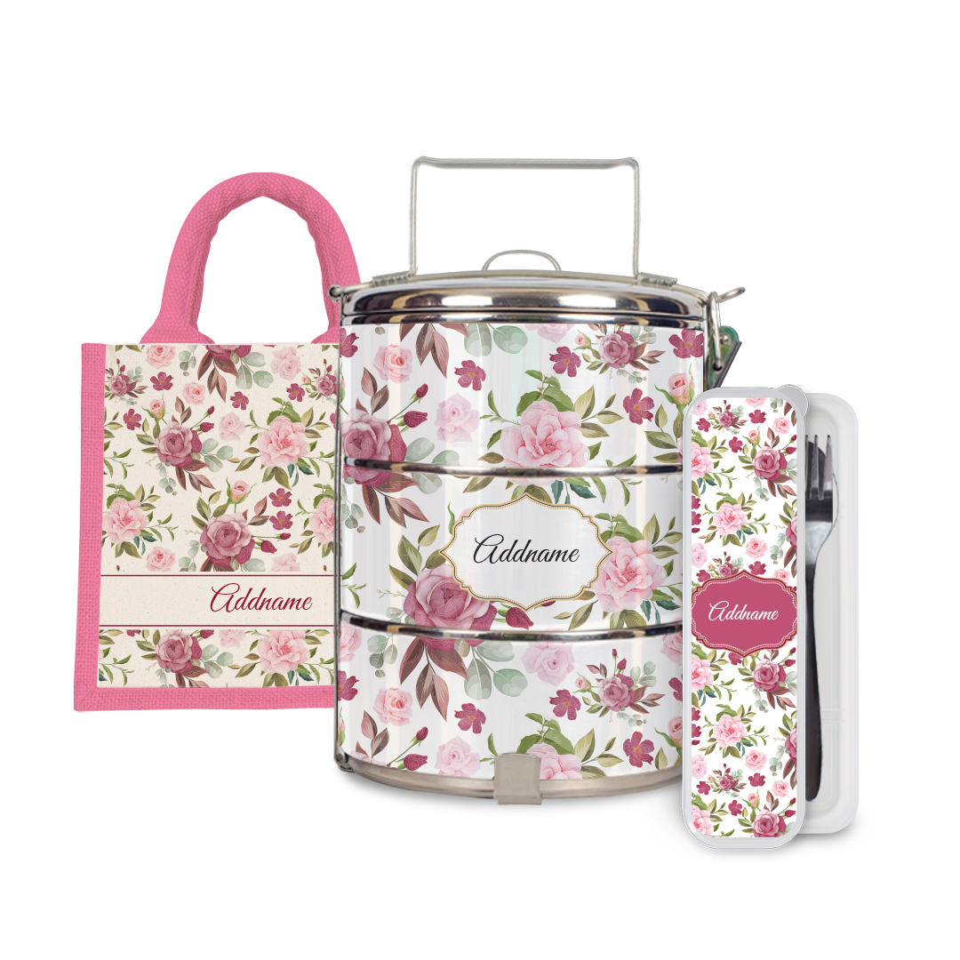 Laura Series - Ruby Half Lining Lunch Bag, Tiffin Carrier and Cutlery Set