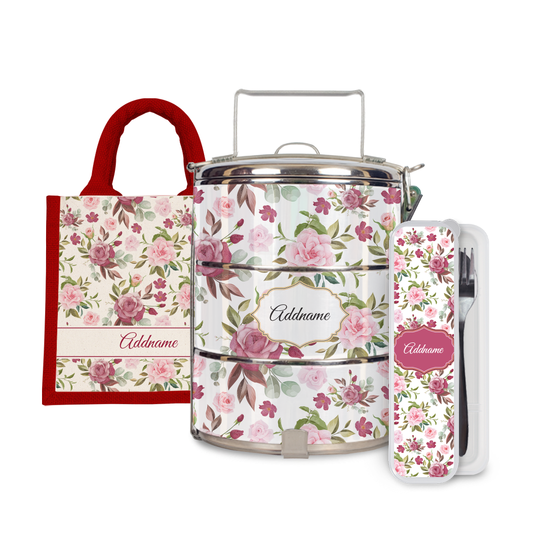 Laura Series - Ruby Half Lining Lunch Bag, Tiffin Carrier and Cutlery Set
