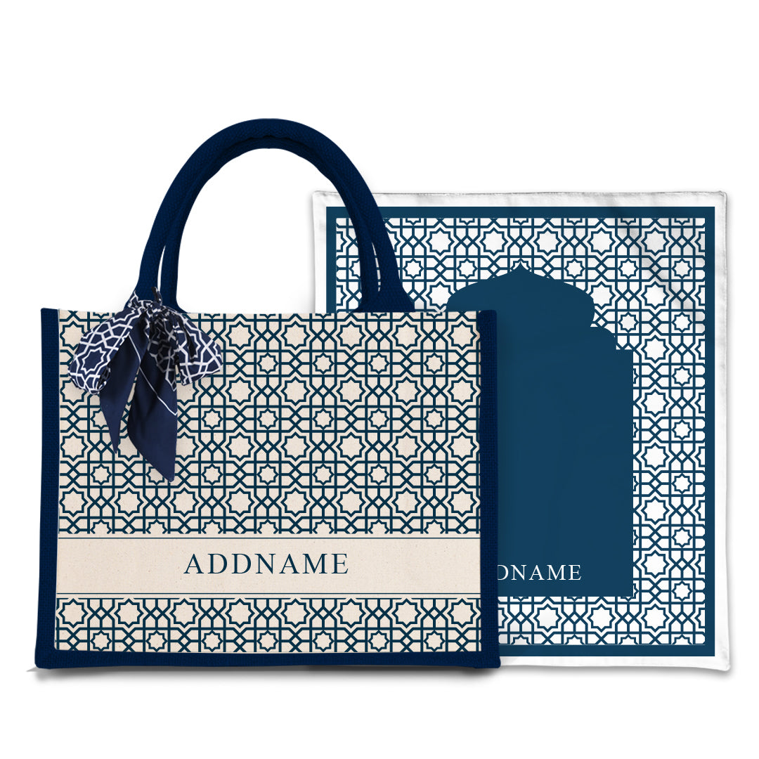 Annas Series - Prussian Blue Prayer Mat with Navy Half Lining Small Canvas Bag