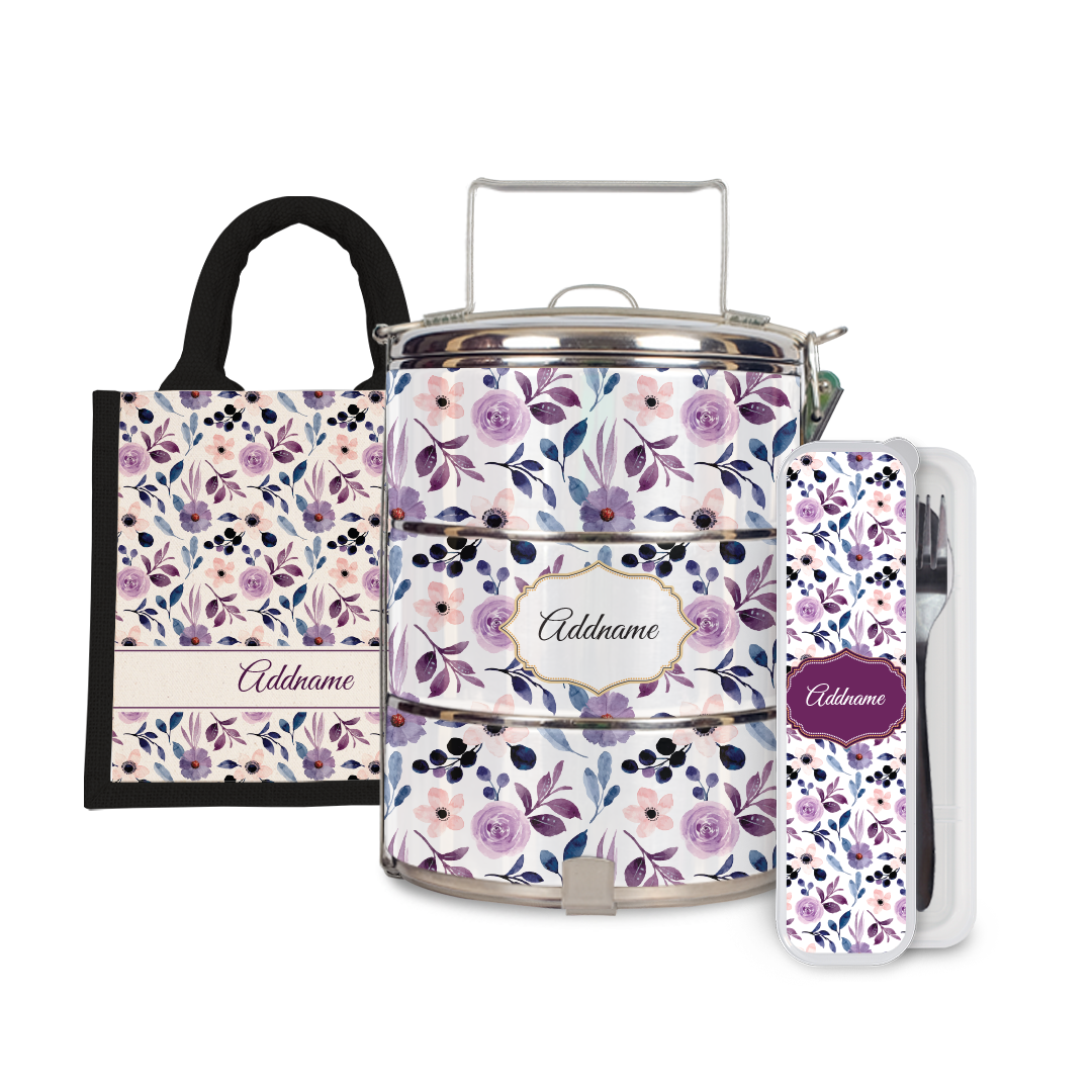 Laura Series - Violet Half Lining Lunch Bag, Tiffin Carrier and Cutlery Set