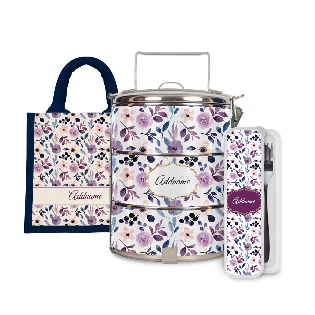 Laura Series - Violet Half Lining Lunch Bag, Tiffin Carrier and Cutlery Set
