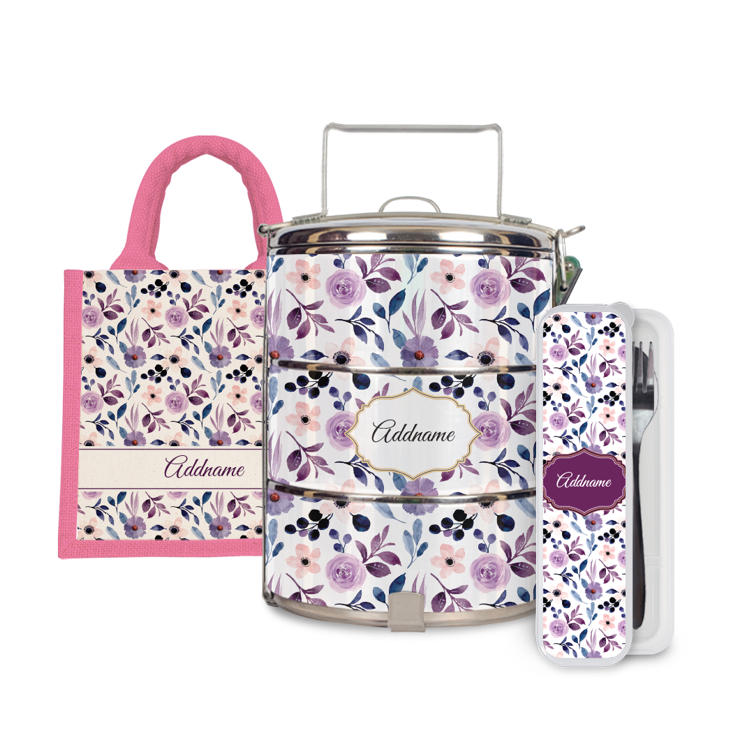 Laura Series - Violet Half Lining Lunch Bag, Tiffin Carrier and Cutlery Set
