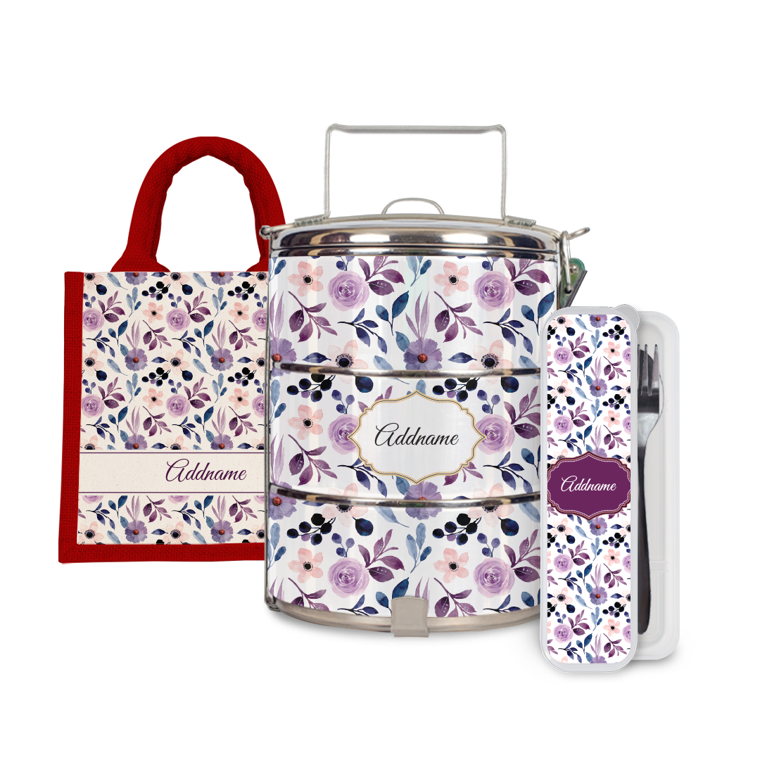 Laura Series - Violet Half Lining Lunch Bag, Tiffin Carrier and Cutlery Set