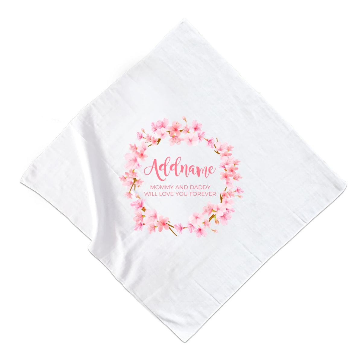 Pink Flower Garland Personalisable with Name and Text Muslin Square