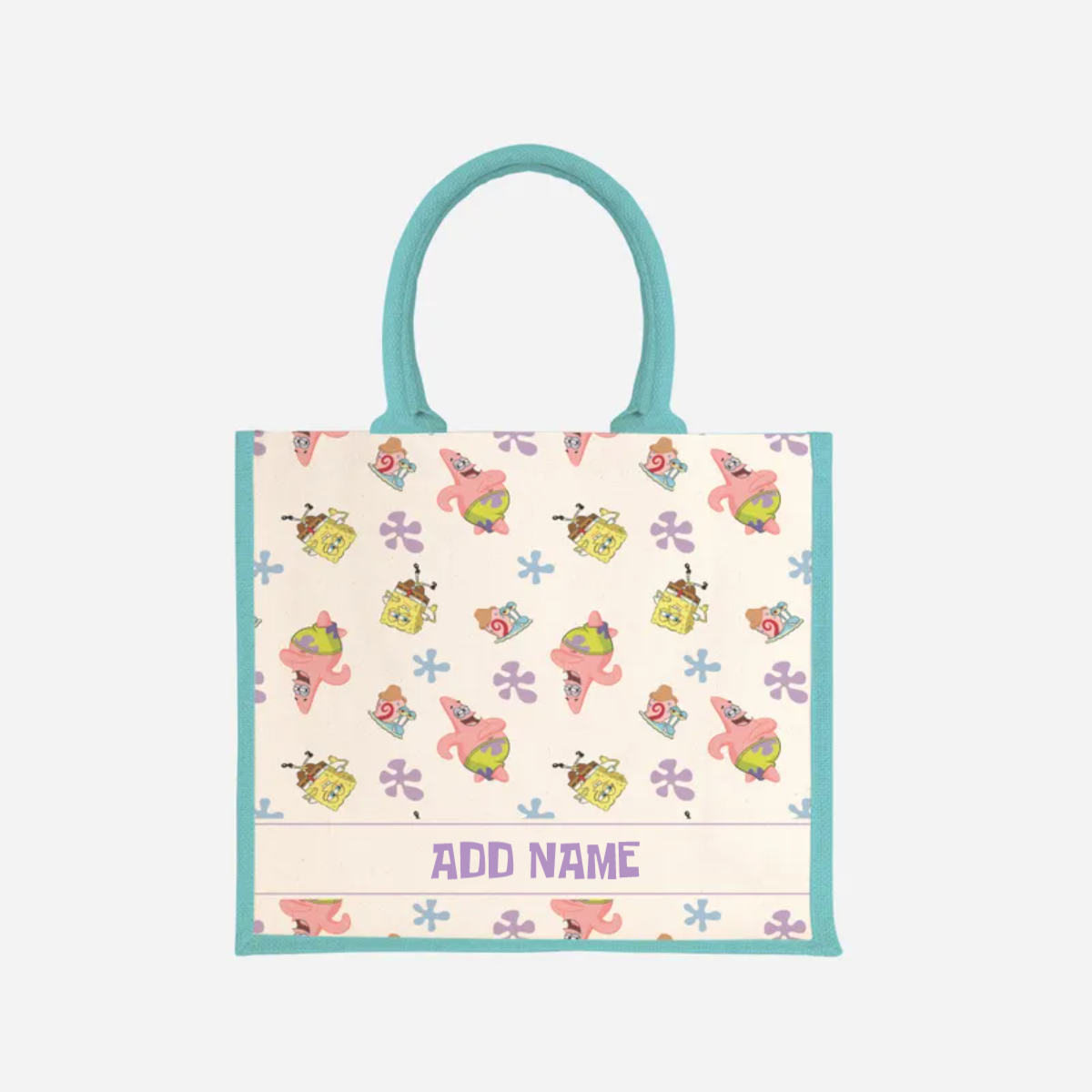 SpongeBob - Happy Walking Pattern Personalized Half Lining Jute Bag