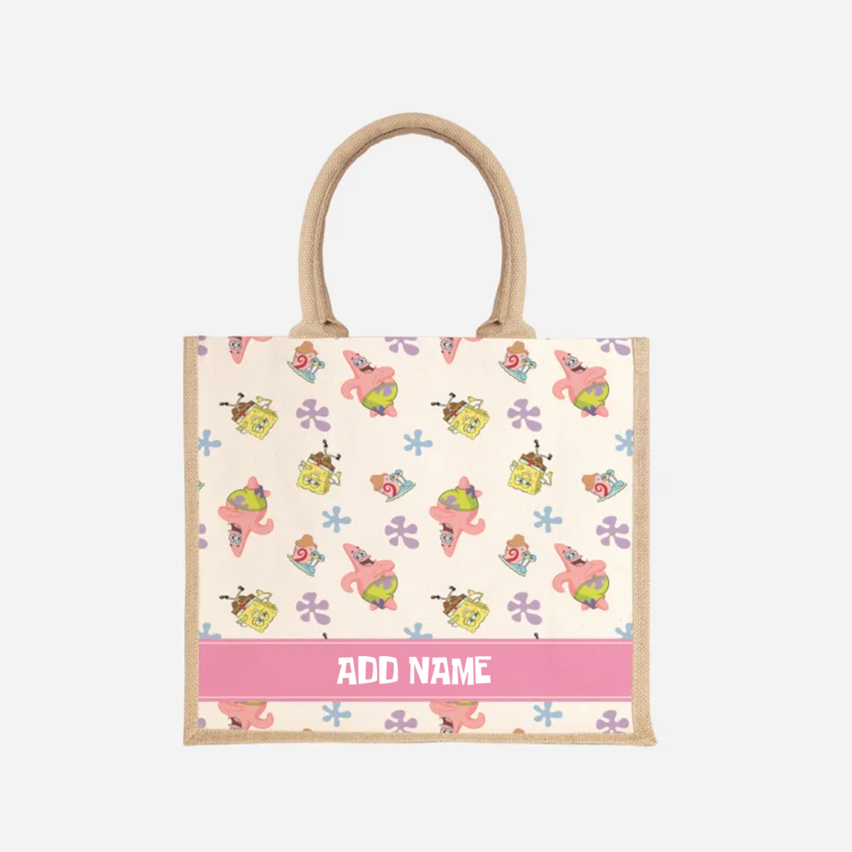 SpongeBob - Happy Walking Pattern Personalized Half Lining Jute Bag
