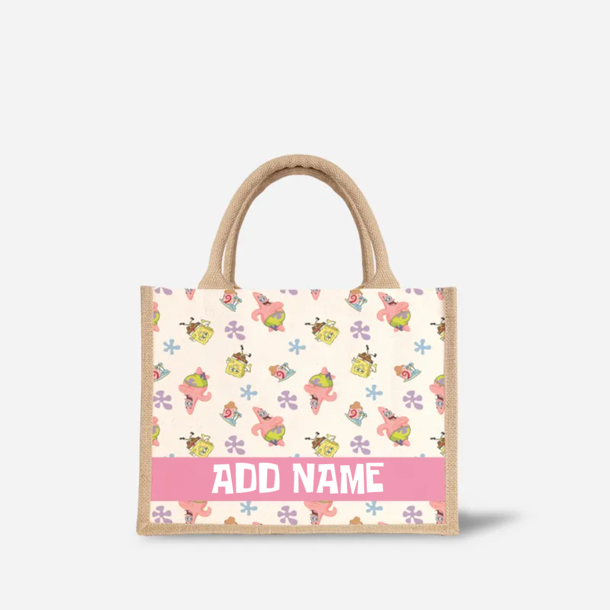 SpongeBob - Happy Walking Pattern Personalized Half Lining Small Jute Bag