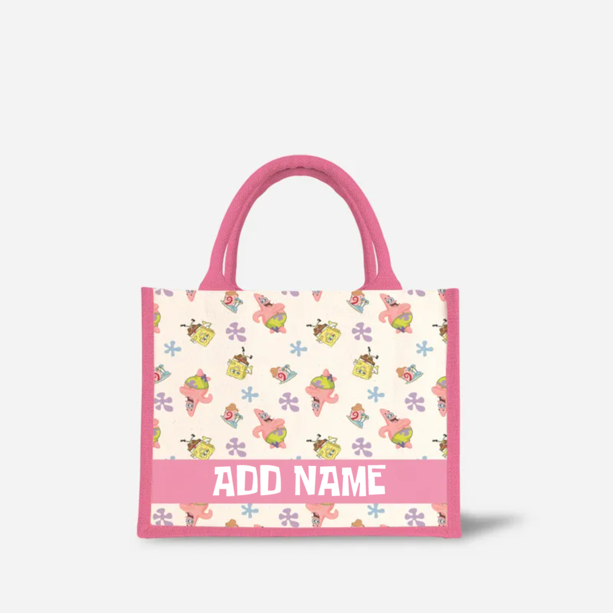 SpongeBob - Happy Walking Pattern Personalized Half Lining Small Jute Bag