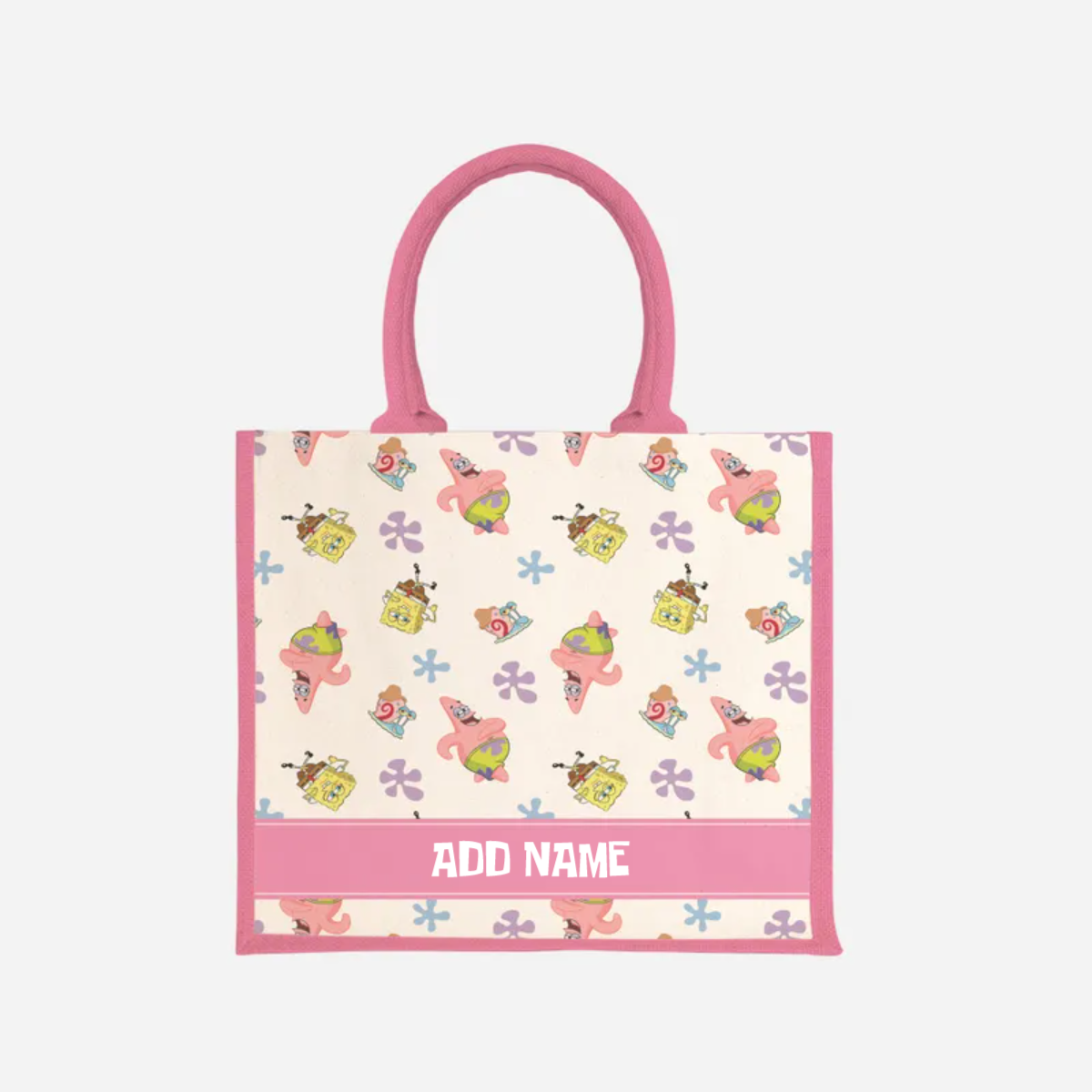 SpongeBob - Happy Walking Pattern Personalized Half Lining Jute Bag