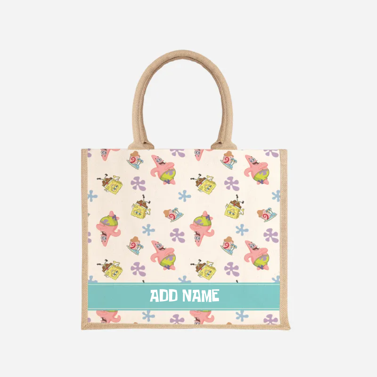 SpongeBob - Happy Walking Pattern Personalized Half Lining Jute Bag