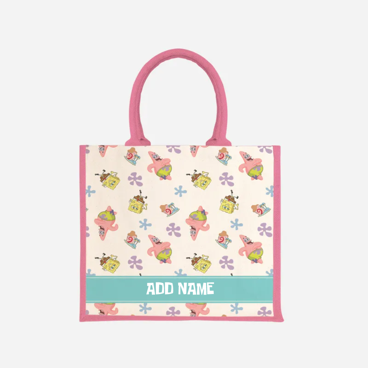 SpongeBob - Happy Walking Pattern Personalized Half Lining Jute Bag
