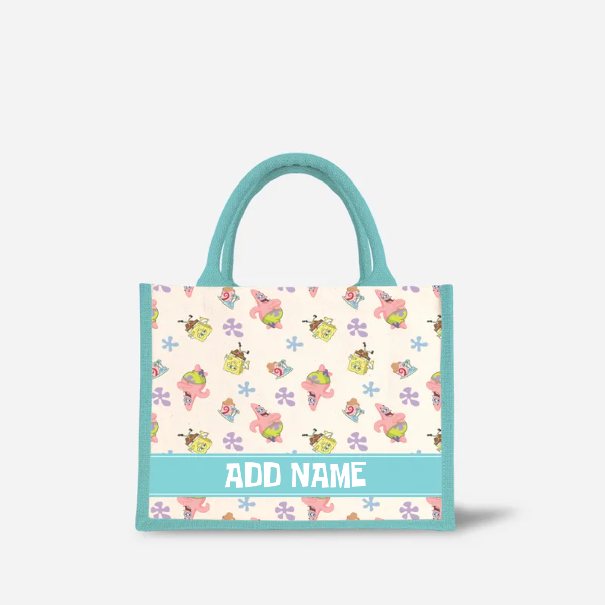 SpongeBob - Happy Walking Pattern Personalized Half Lining Small Jute Bag