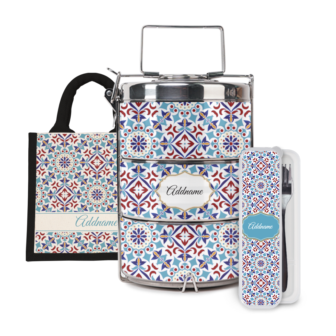 Moroccan Series - Arabesque Agean Blue Half Lining Lunch Bag, Tiffin Carrier and Cutlery Set