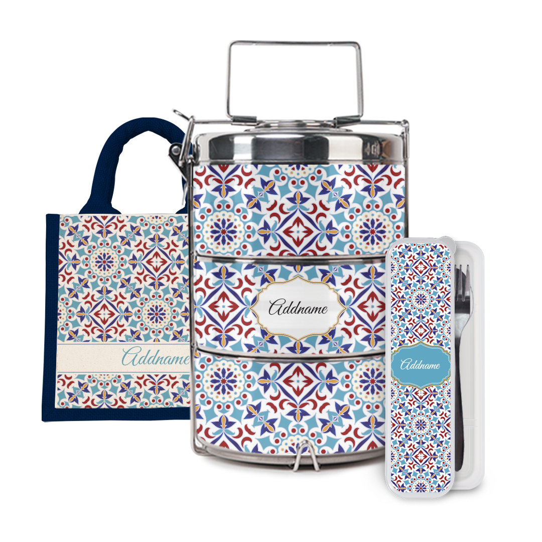 Moroccan Series - Arabesque Agean Blue Half Lining Lunch Bag, Tiffin Carrier and Cutlery Set