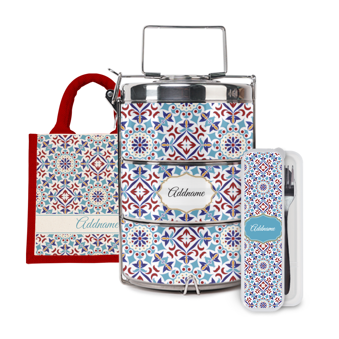 Moroccan Series - Arabesque Agean Blue Half Lining Lunch Bag, Tiffin Carrier and Cutlery Set