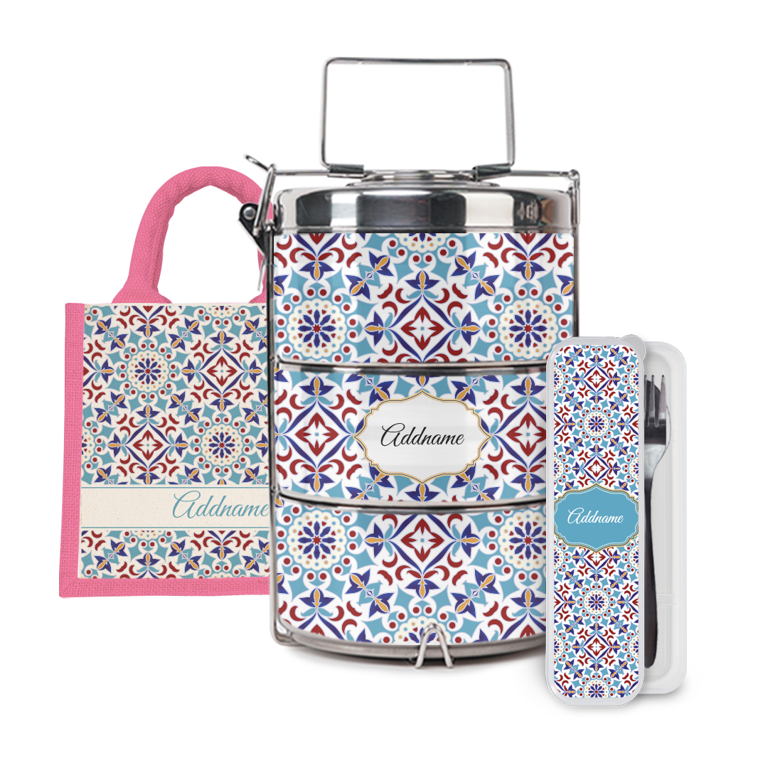 Moroccan Series - Arabesque Agean Blue Half Lining Lunch Bag, Tiffin Carrier and Cutlery Set