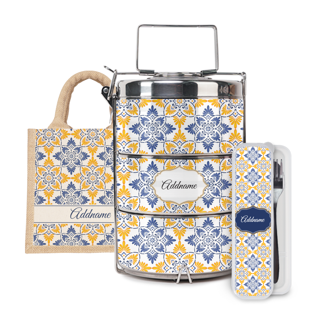 Moroccan Series - Arabesque Butter Blue Half Lining Lunch Bag, Tiffin Carrier and Cutlery Set