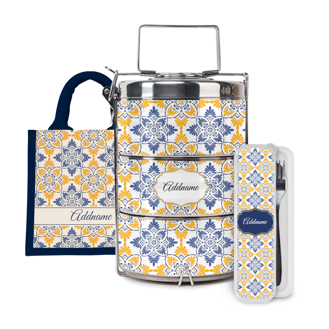 Moroccan Series - Arabesque Butter Blue Half Lining Lunch Bag, Tiffin Carrier and Cutlery Set