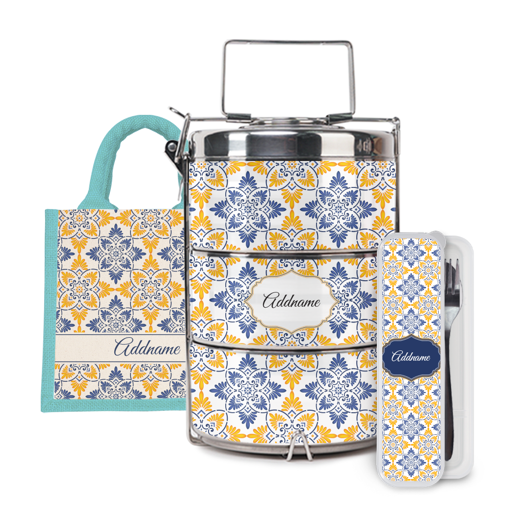 Moroccan Series - Arabesque Butter Blue Half Lining Lunch Bag, Tiffin Carrier and Cutlery Set