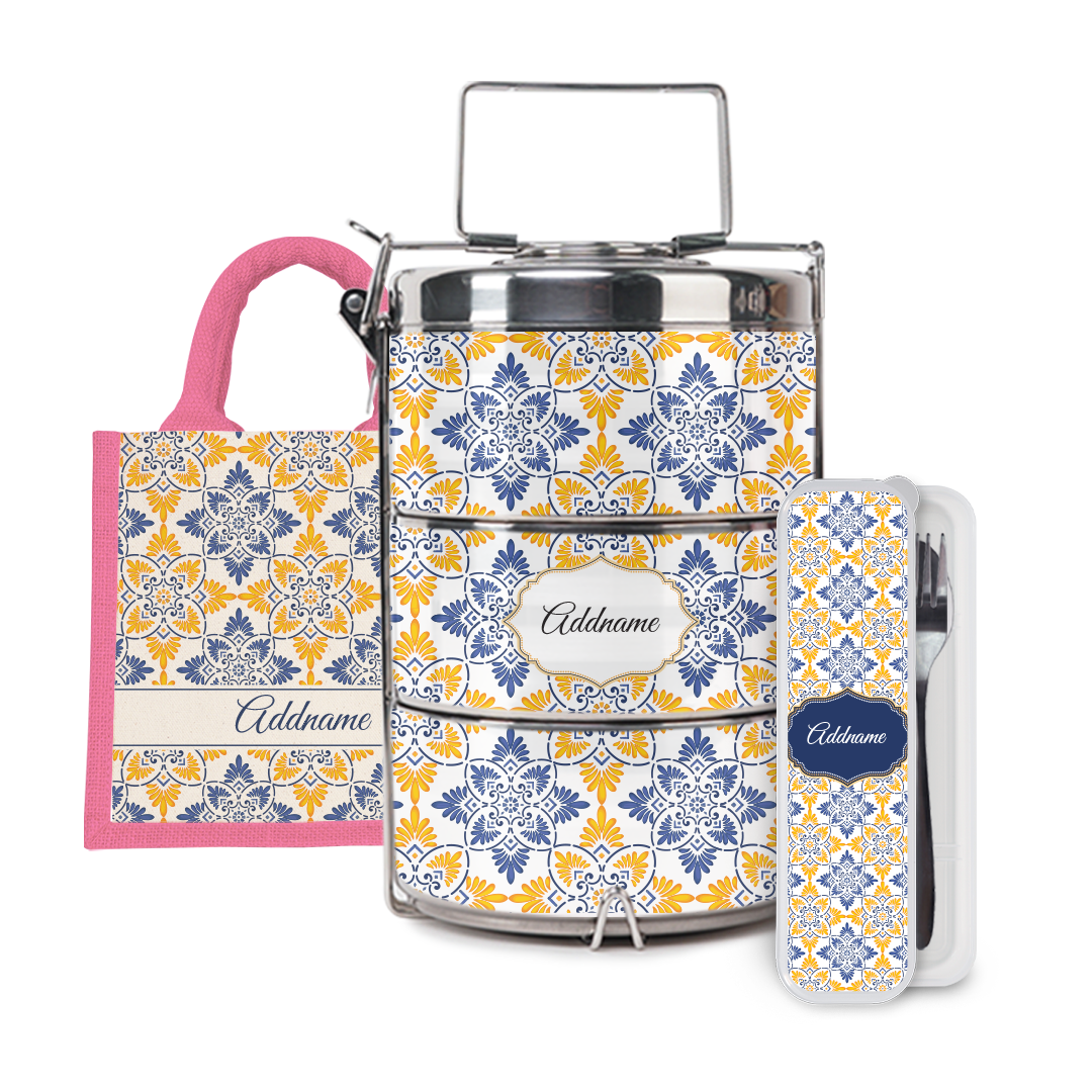 Moroccan Series - Arabesque Butter Blue Half Lining Lunch Bag, Tiffin Carrier and Cutlery Set