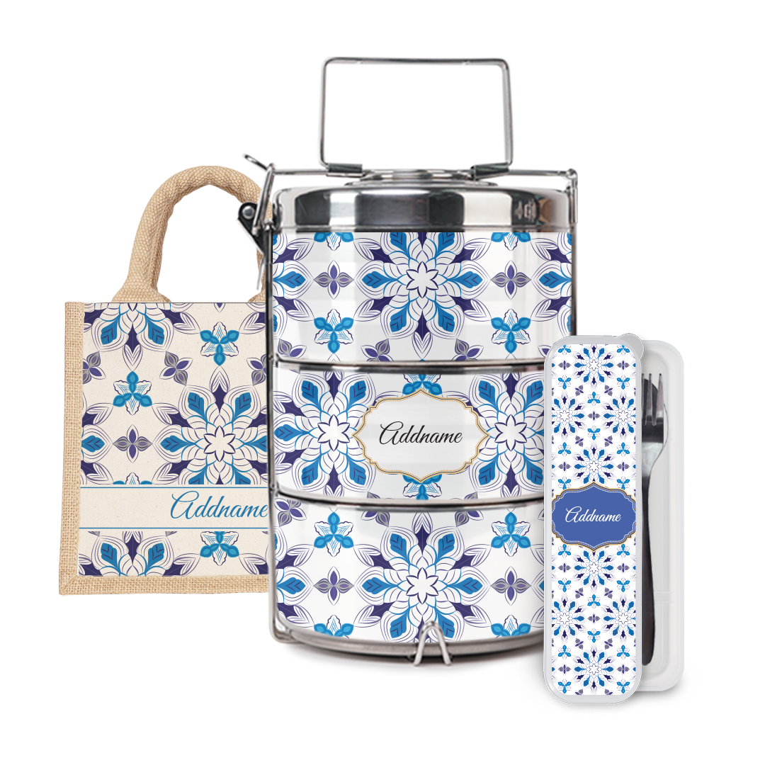 Moroccan Series - Arabesque Frost Half Lining Lunch Bag, Tiffin Carrier and Cutlery Set