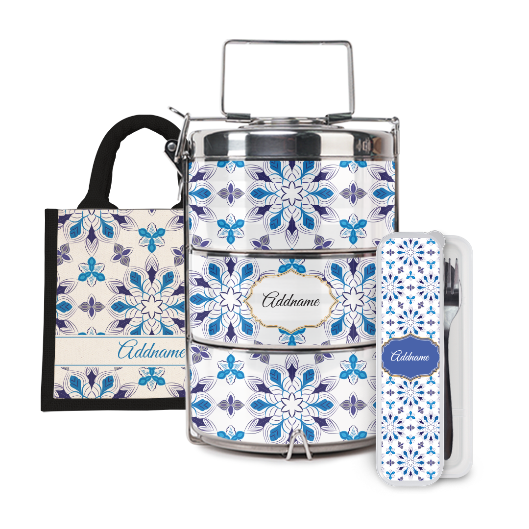 Moroccan Series - Arabesque Frost Half Lining Lunch Bag, Tiffin Carrier and Cutlery Set