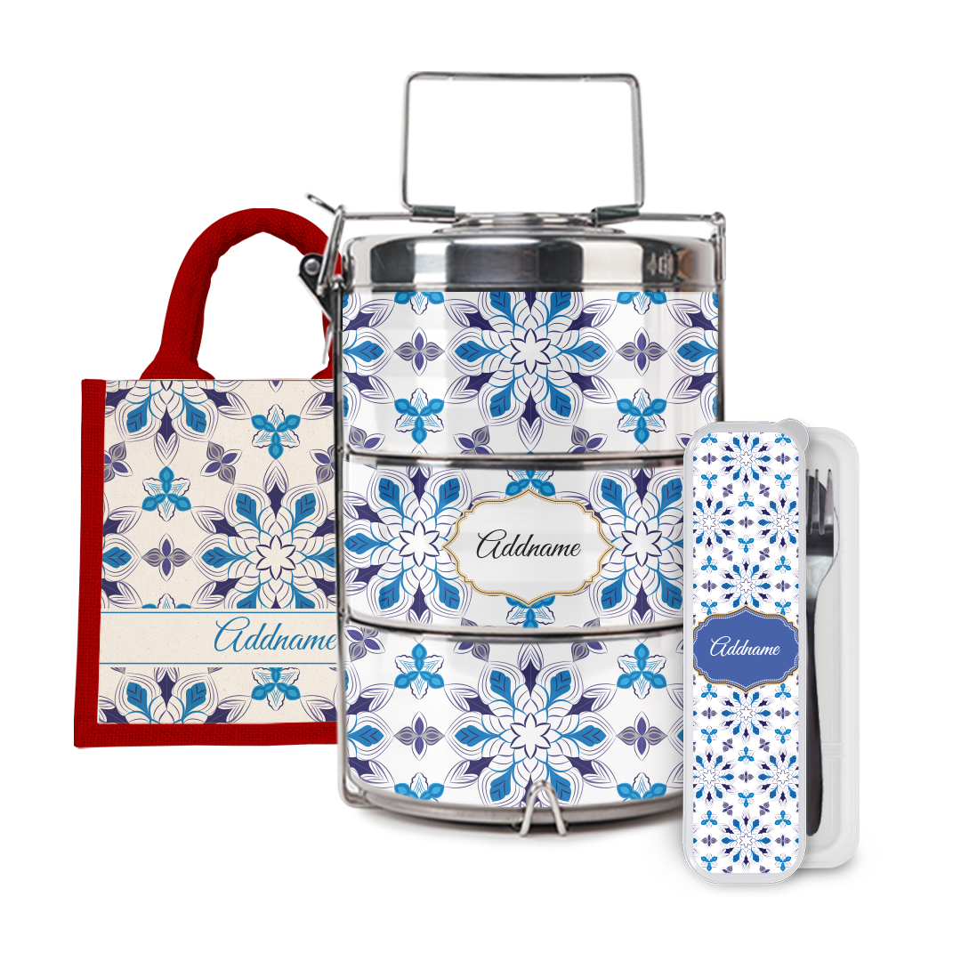 Moroccan Series - Arabesque Frost Half Lining Lunch Bag, Tiffin Carrier and Cutlery Set