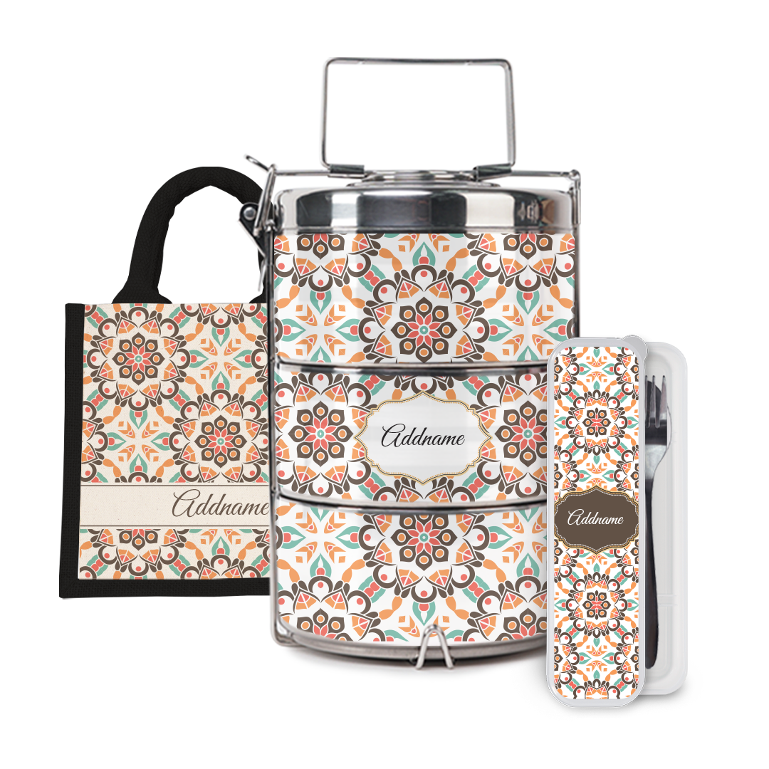 Moroccan Series - Arabesque Geo Brown Half Lining Lunch Bag, Tiffin Carrier and Cutlery Set