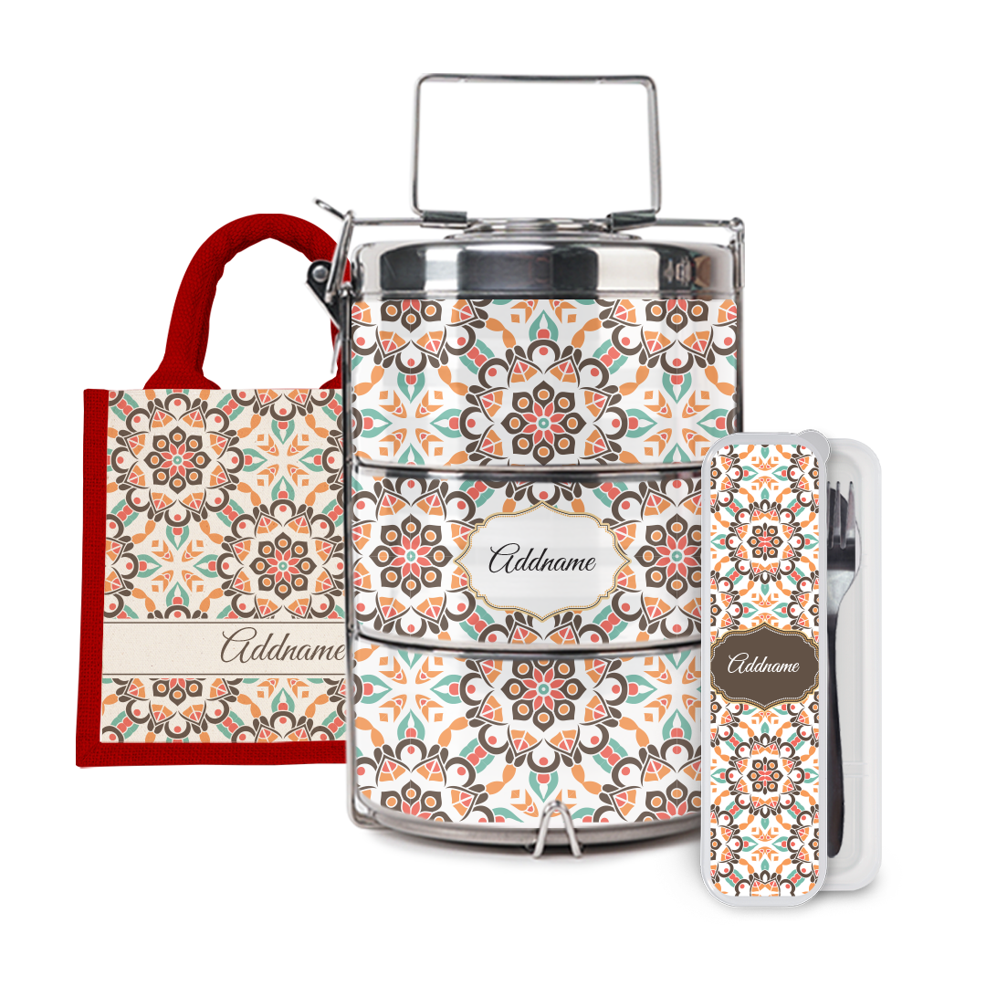 Moroccan Series - Arabesque Geo Brown Half Lining Lunch Bag, Tiffin Carrier and Cutlery Set