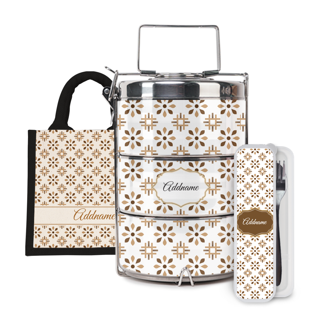 Moroccan Series - Arabesque Tawny Brown Half Lining Lunch Bag, Tiffin Carrier and Cutlery Set