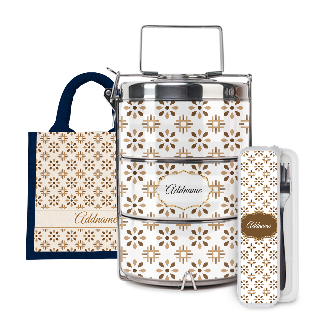 Moroccan Series - Arabesque Tawny Brown Half Lining Lunch Bag, Tiffin Carrier and Cutlery Set