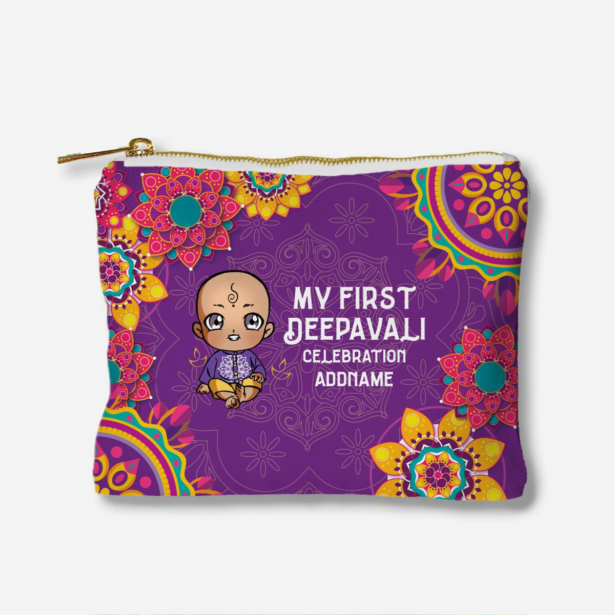 Deepavali Chibi Full Print Zipper Pouch - Baby Boy First Deepavali Addname