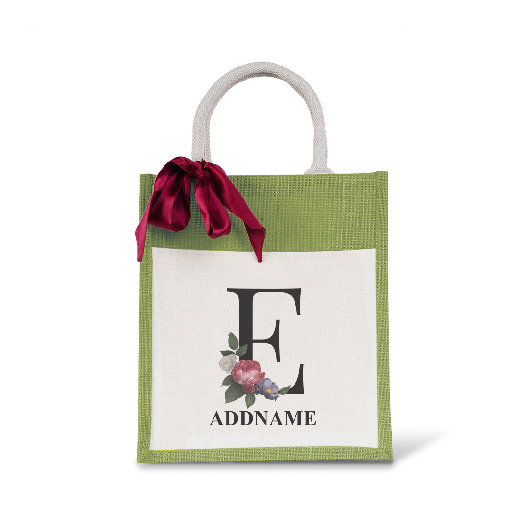 Myra Floral Series Olive Green Colourful Jute Bag With Front Pocket