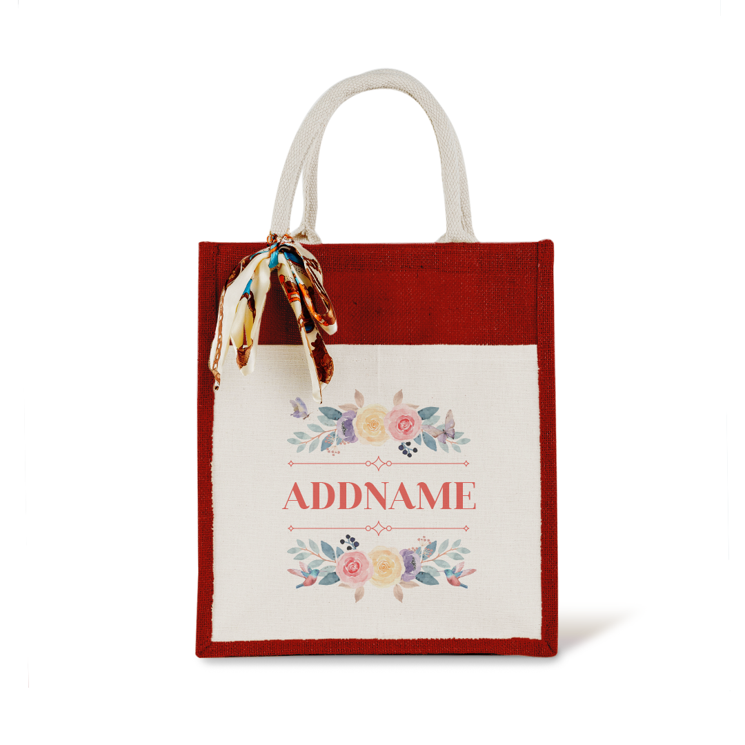 Le Fleur Series Raffinée Red Colourful Jute Bag With Front Pocket