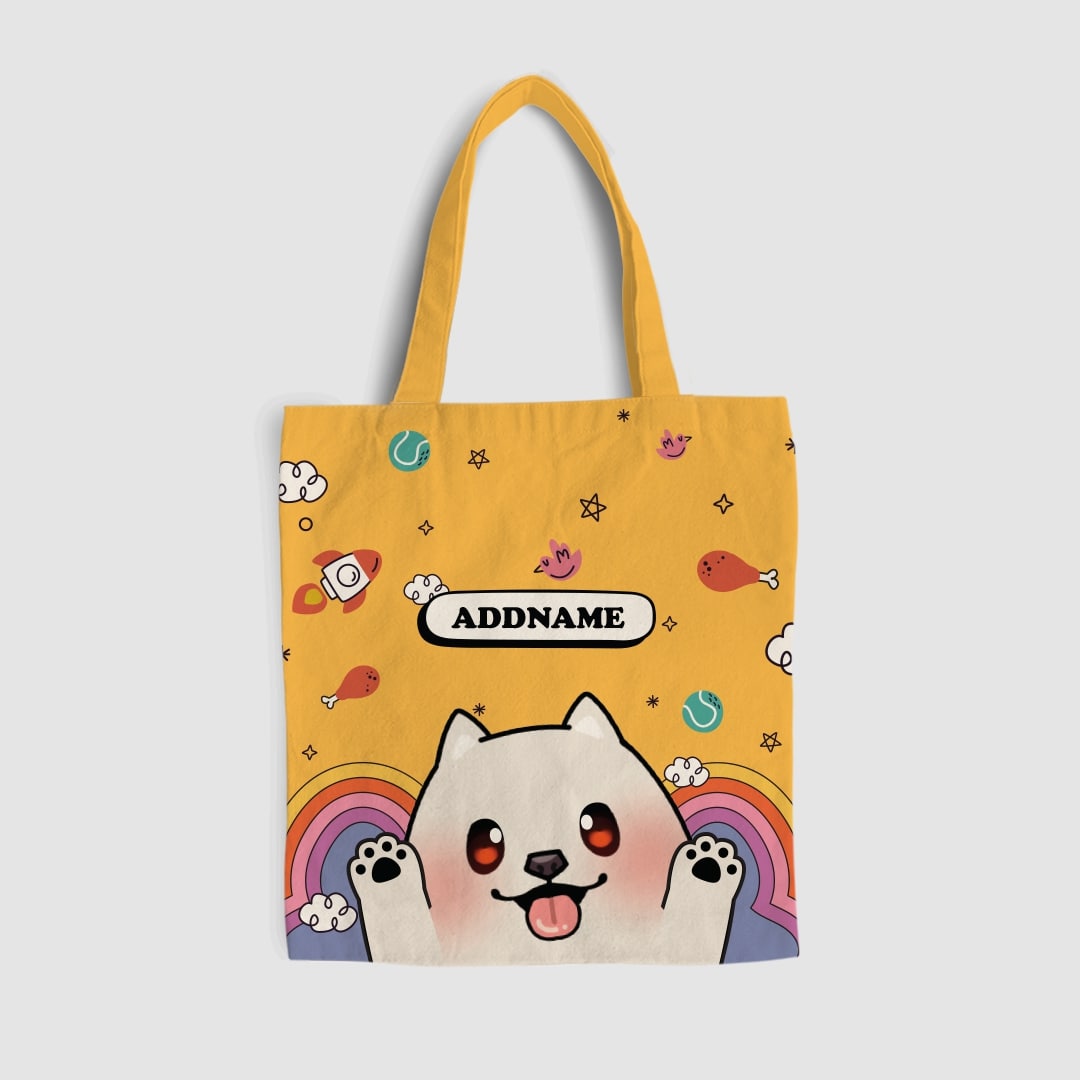 Paw Print Series Full Print Tote Bag - White Pomeranian