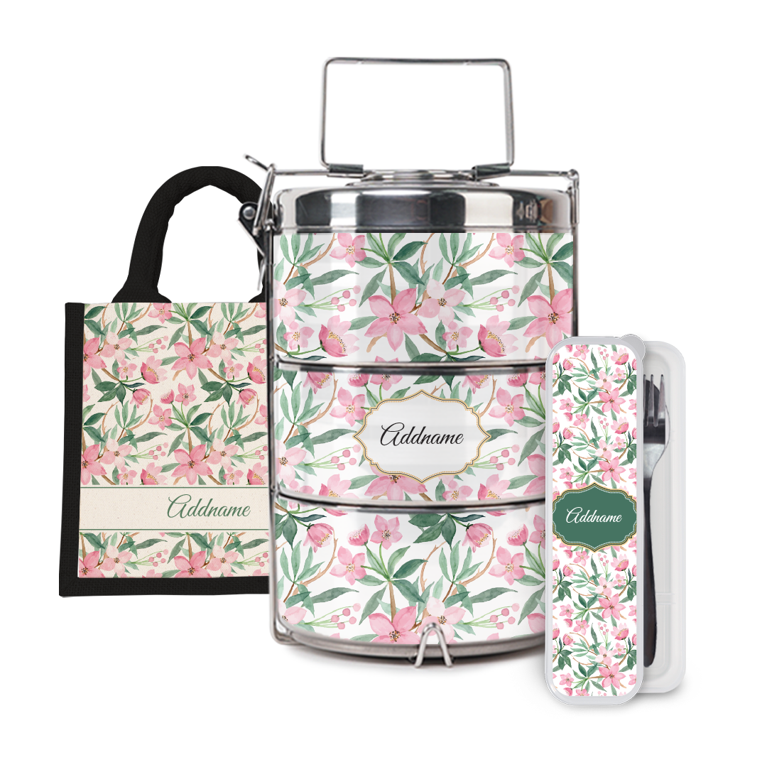 Laura Series - Blossom Half Lining Lunch Bag, Tiffin Carrier and Cutlery Set