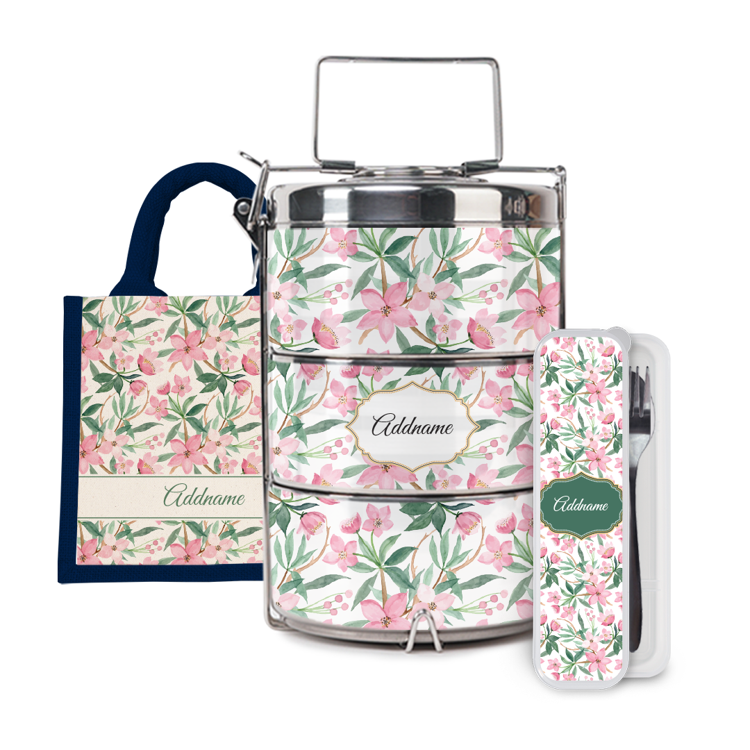 Laura Series - Blossom Half Lining Lunch Bag, Tiffin Carrier and Cutlery Set