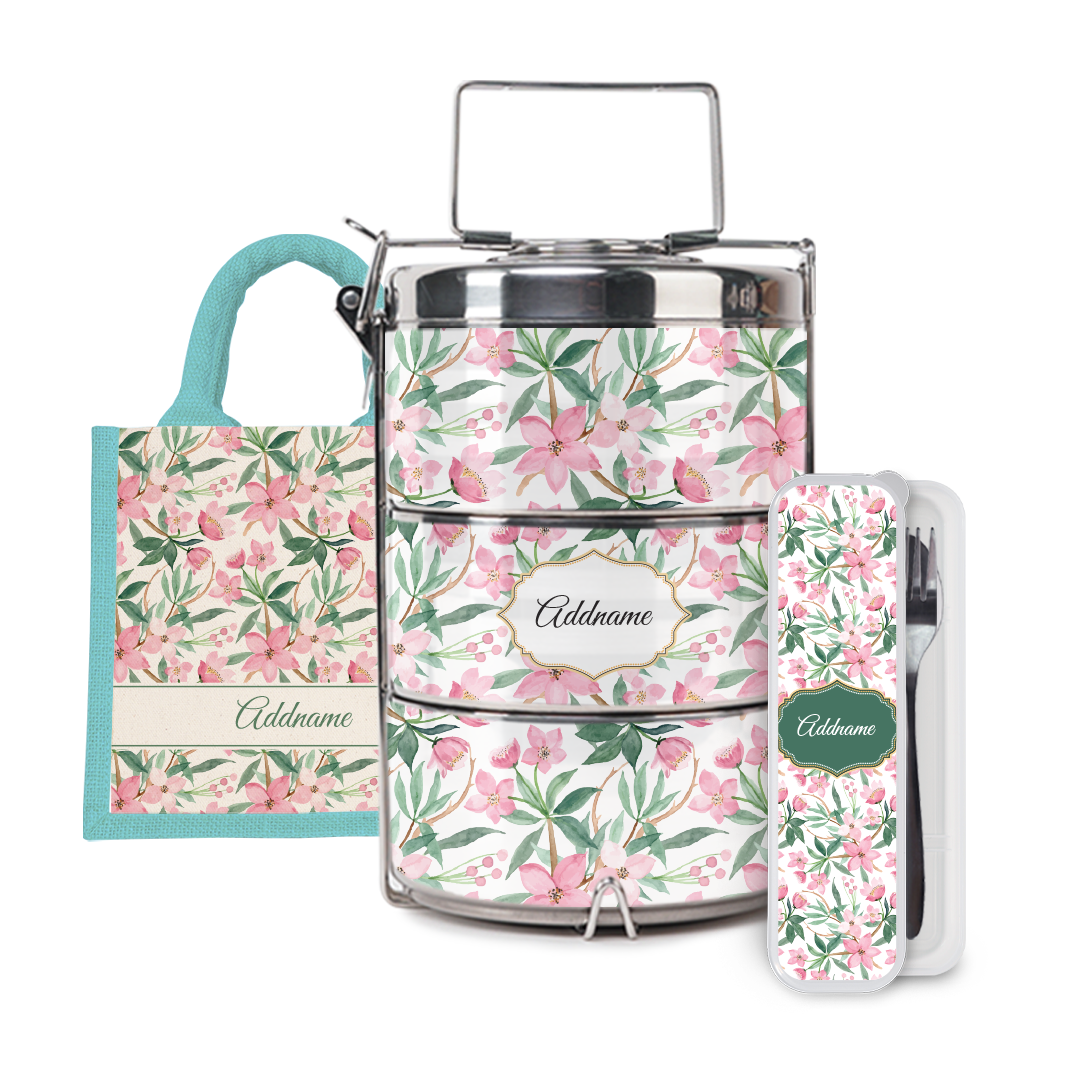 Laura Series - Blossom Half Lining Lunch Bag, Tiffin Carrier and Cutlery Set
