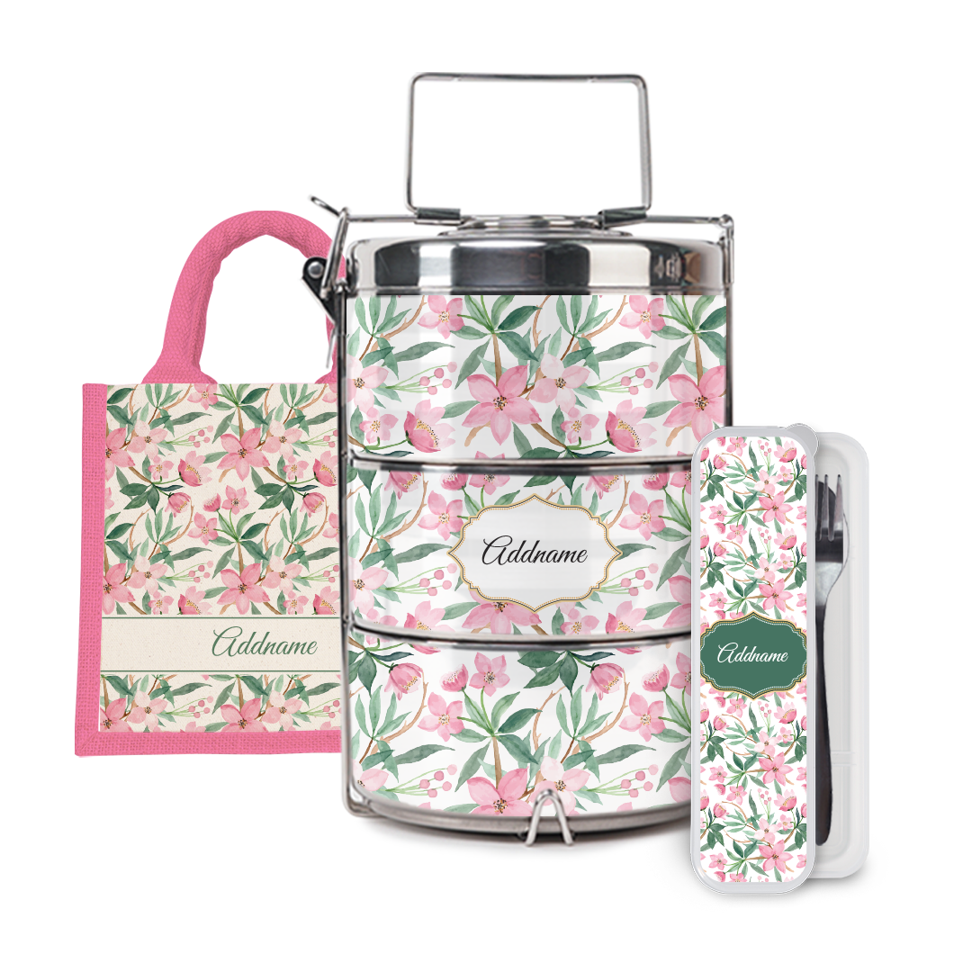 Laura Series - Blossom Half Lining Lunch Bag, Tiffin Carrier and Cutlery Set