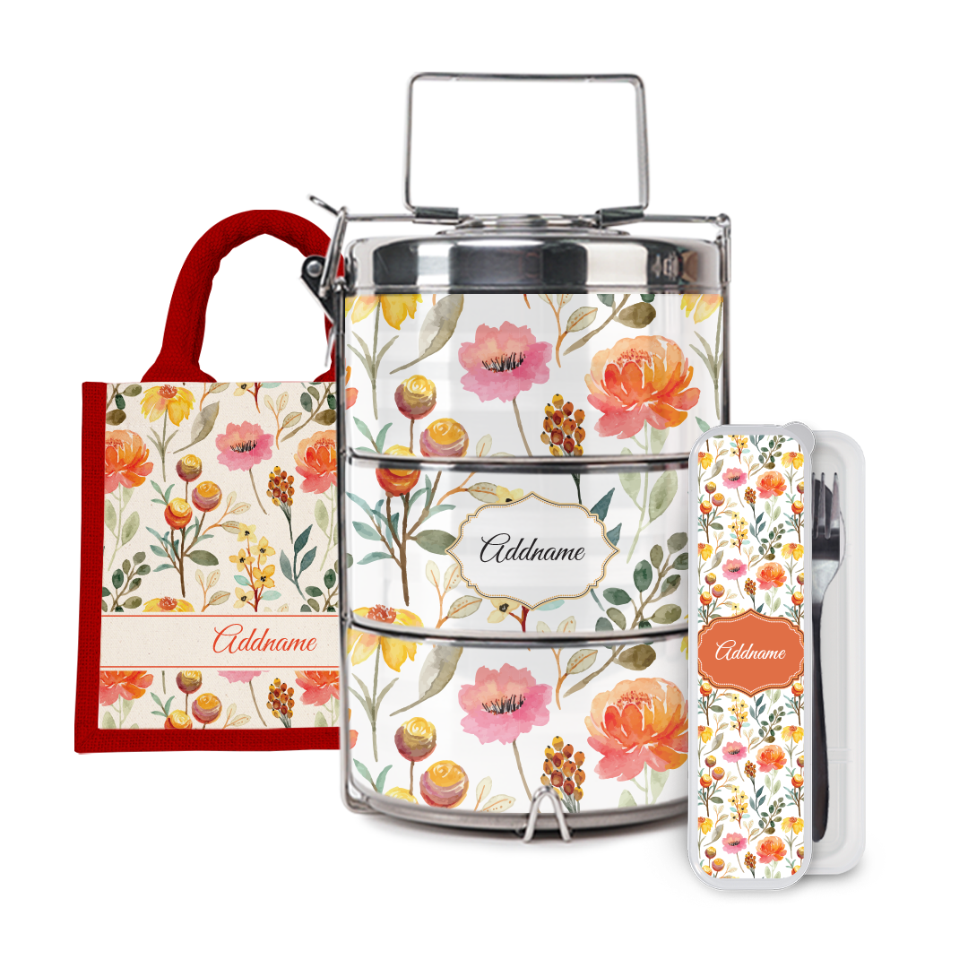 Laura Series - Carnelian Half Lining Lunch Bag, Tiffin Carrier and Cutlery Set