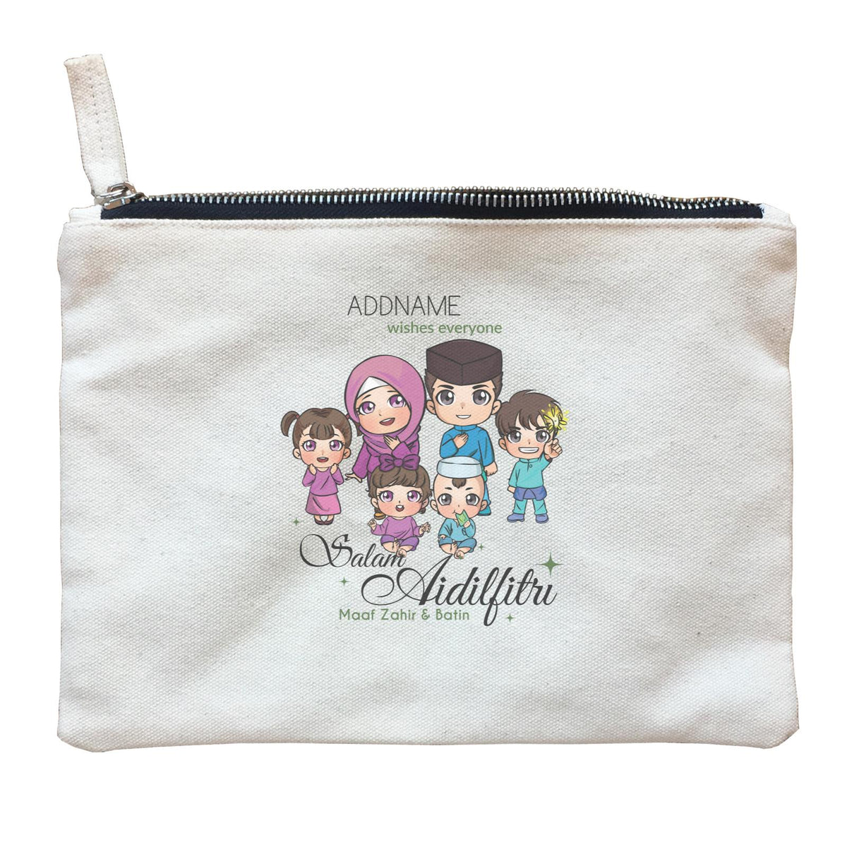 Raya Chibi Family Group Addname Wishes Everyone Salam Aidilfitri Maaf Zahir & Batin Zipper Pouch