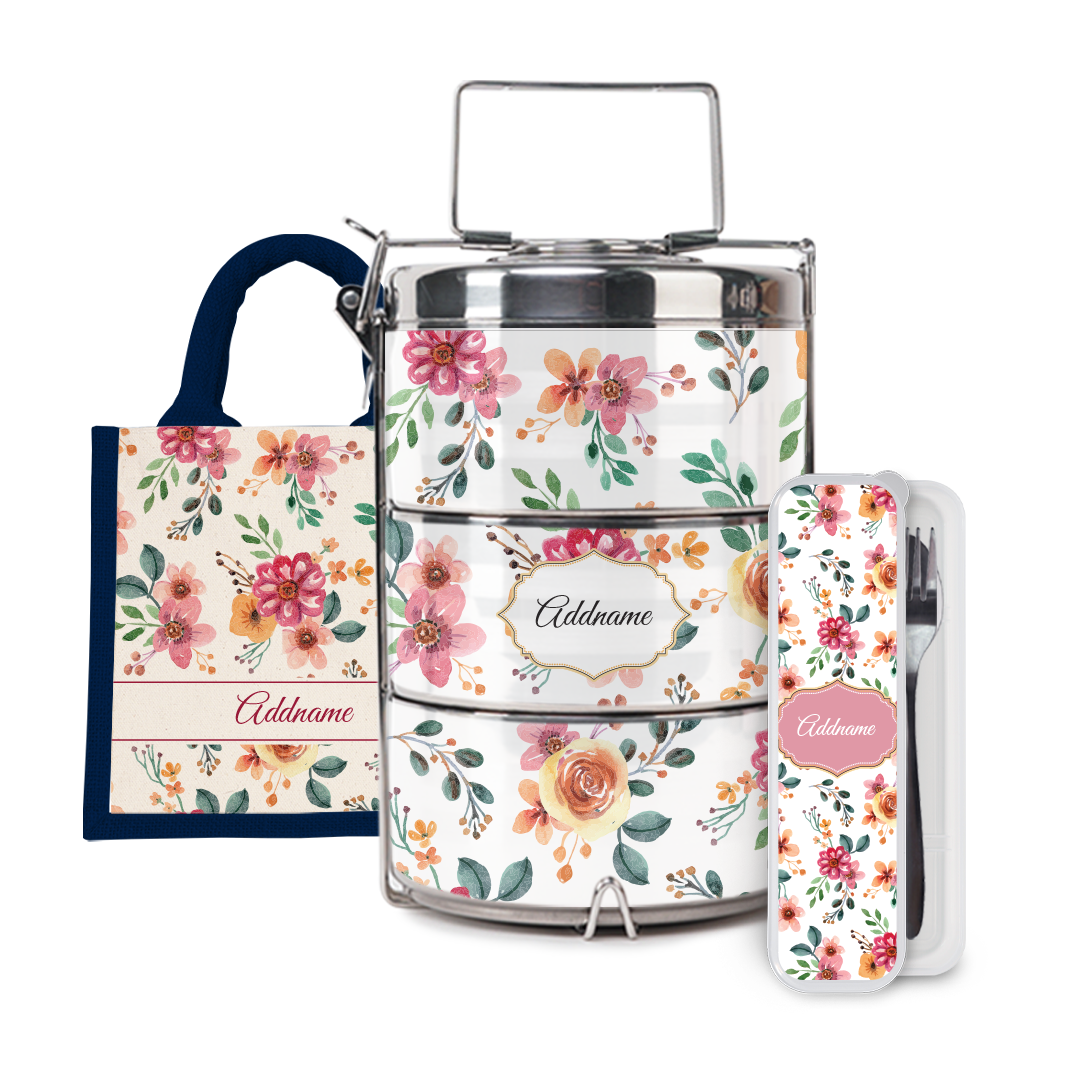 Laura Series - Garnet Half Lining Lunch Bag, Tiffin Carrier and Cutlery Set
