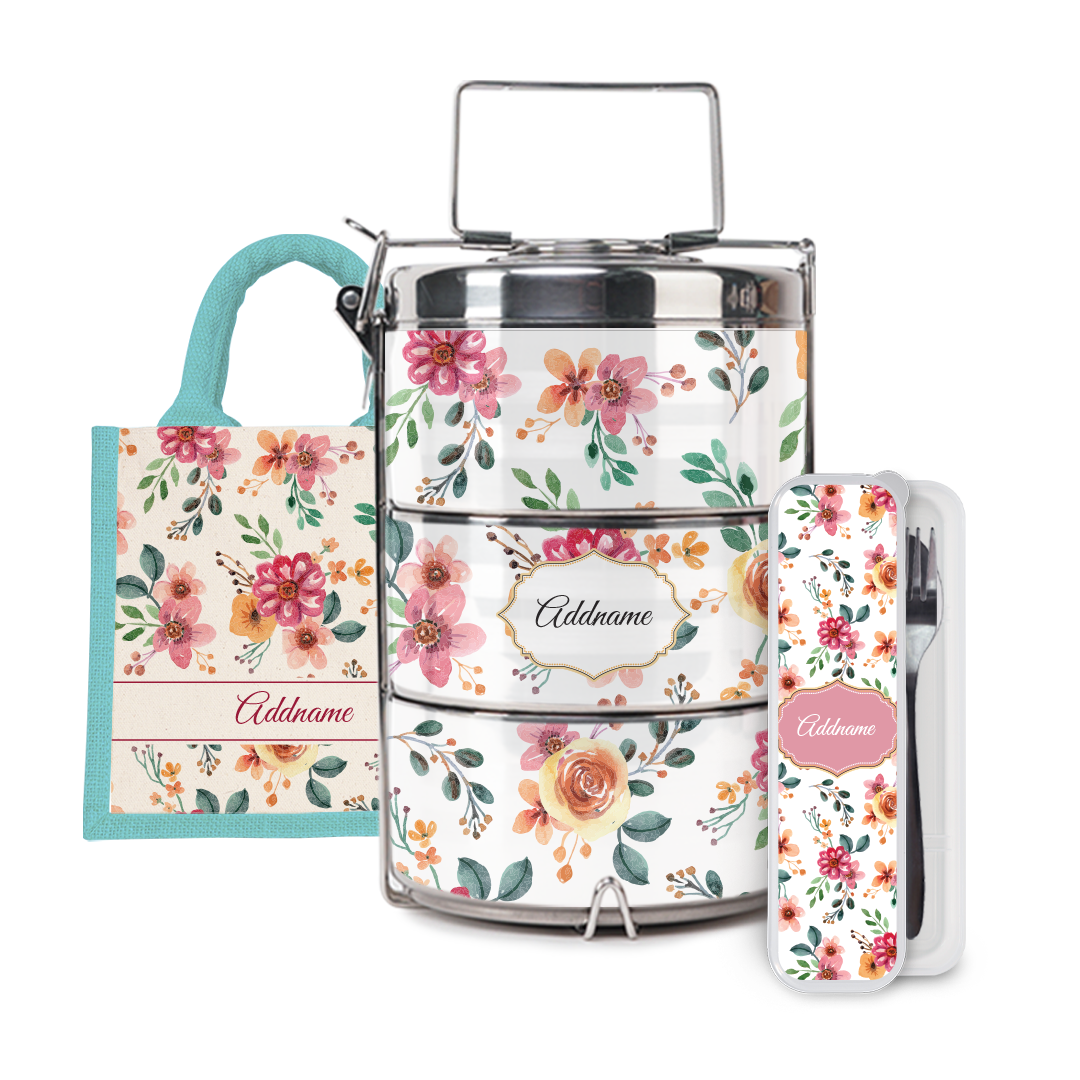 Laura Series - Garnet Half Lining Lunch Bag, Tiffin Carrier and Cutlery Set