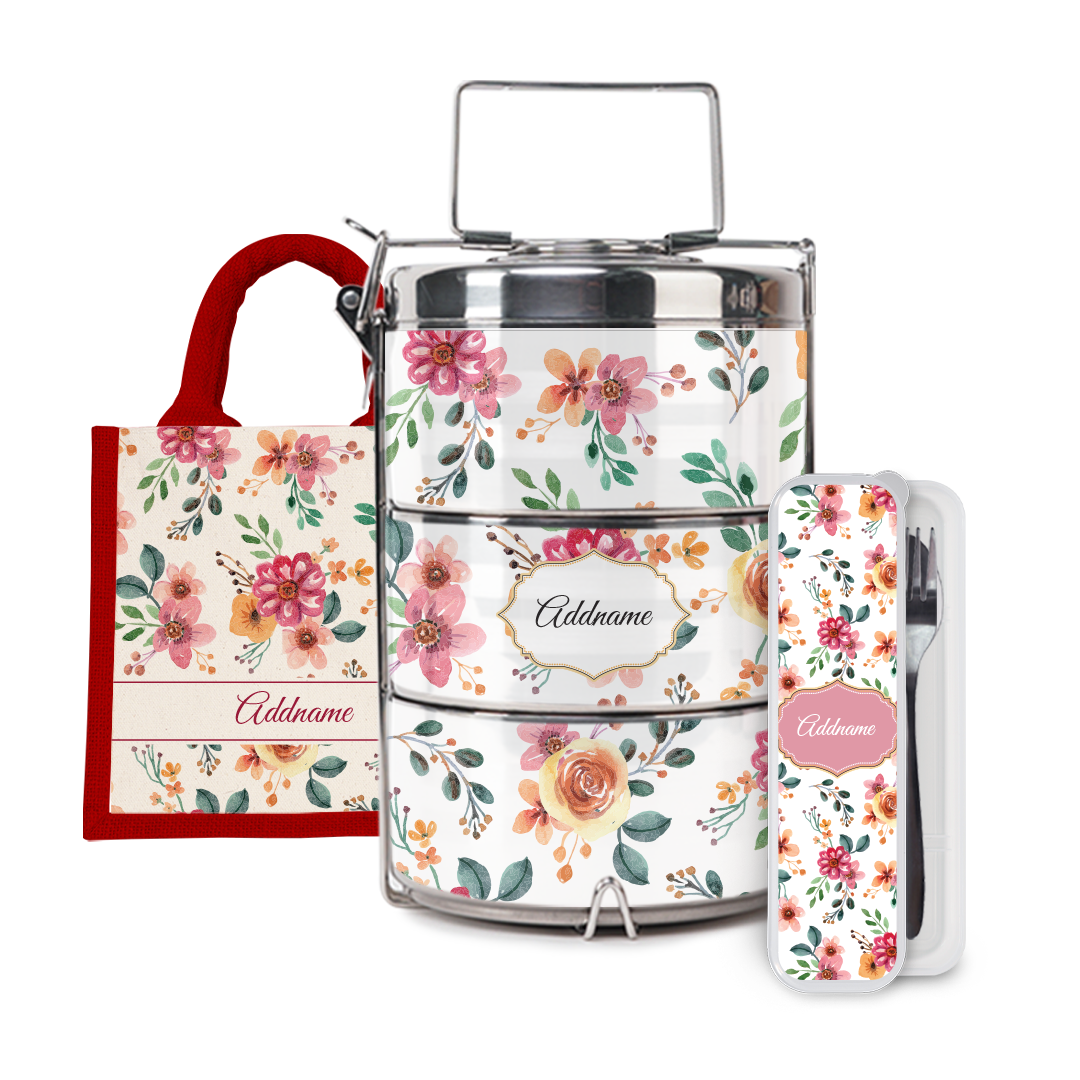 Laura Series - Garnet Half Lining Lunch Bag, Tiffin Carrier and Cutlery Set